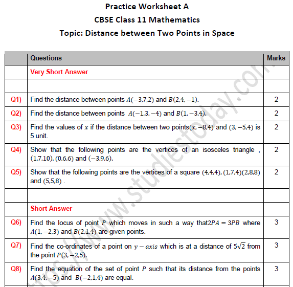 CBSE Class 11 Maths Distance Between Two Points In Space Worksheet Set A